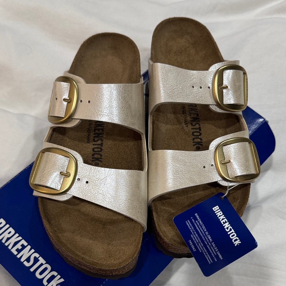 Birkenstock Shiny Sandals with Gold Buckles